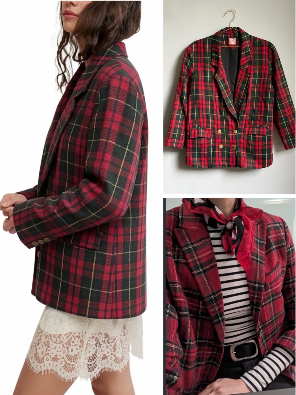 Vintage Plaid Double-Breasted Blazer Tweed Tartan Gold Buttons Academia